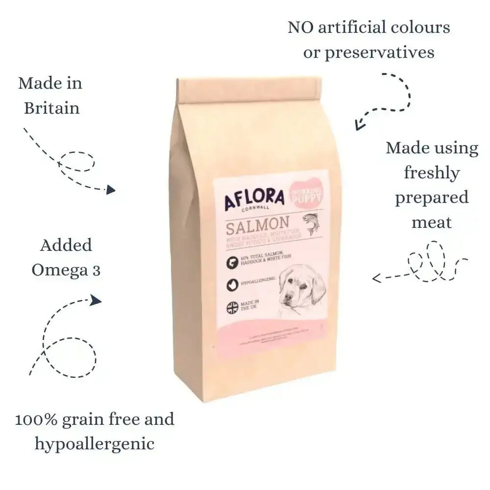 Salmon-colored bag of Aflora Puppy Salmon with Haddock grain free hypoallergenic puppy food from Britain