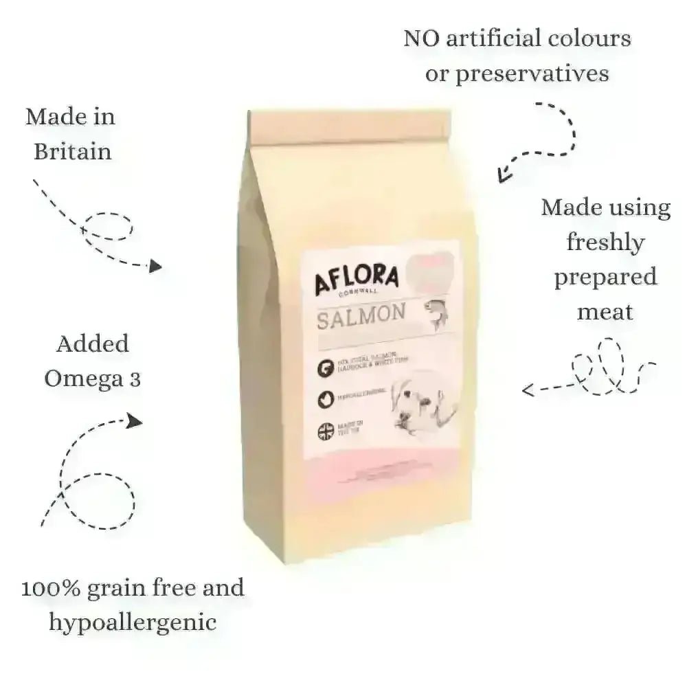Salmon-colored bag of Aflora Puppy Salmon with Haddock grain free hypoallergenic puppy food from Britain