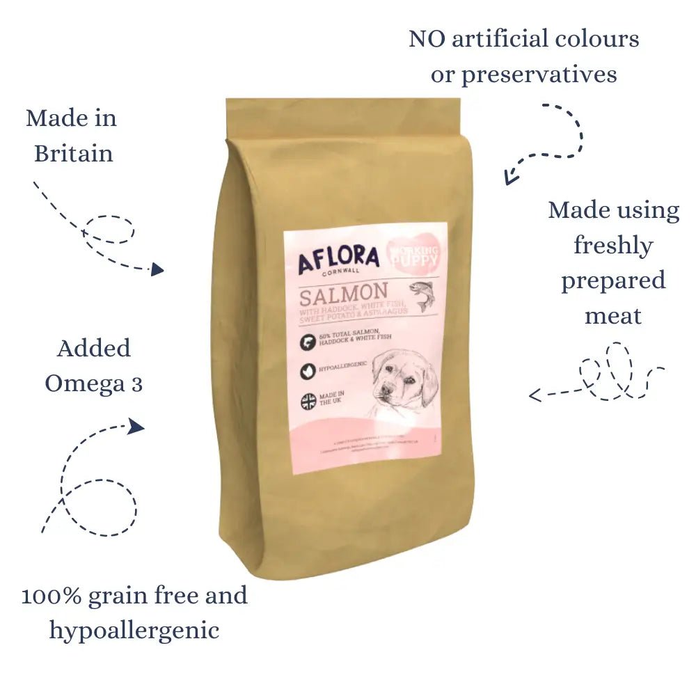 Salmon-colored bag of Aflora Puppy Salmon with Haddock grain free hypoallergenic puppy food from Britain
