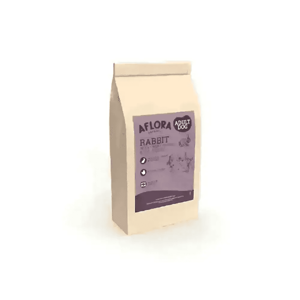 Aflora grain free rabbit dog food bag with purple label