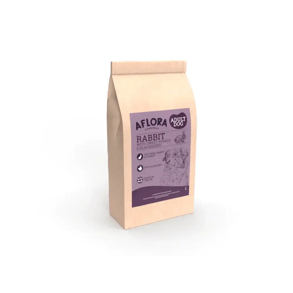 Aflora grain free rabbit dog food bag with purple label