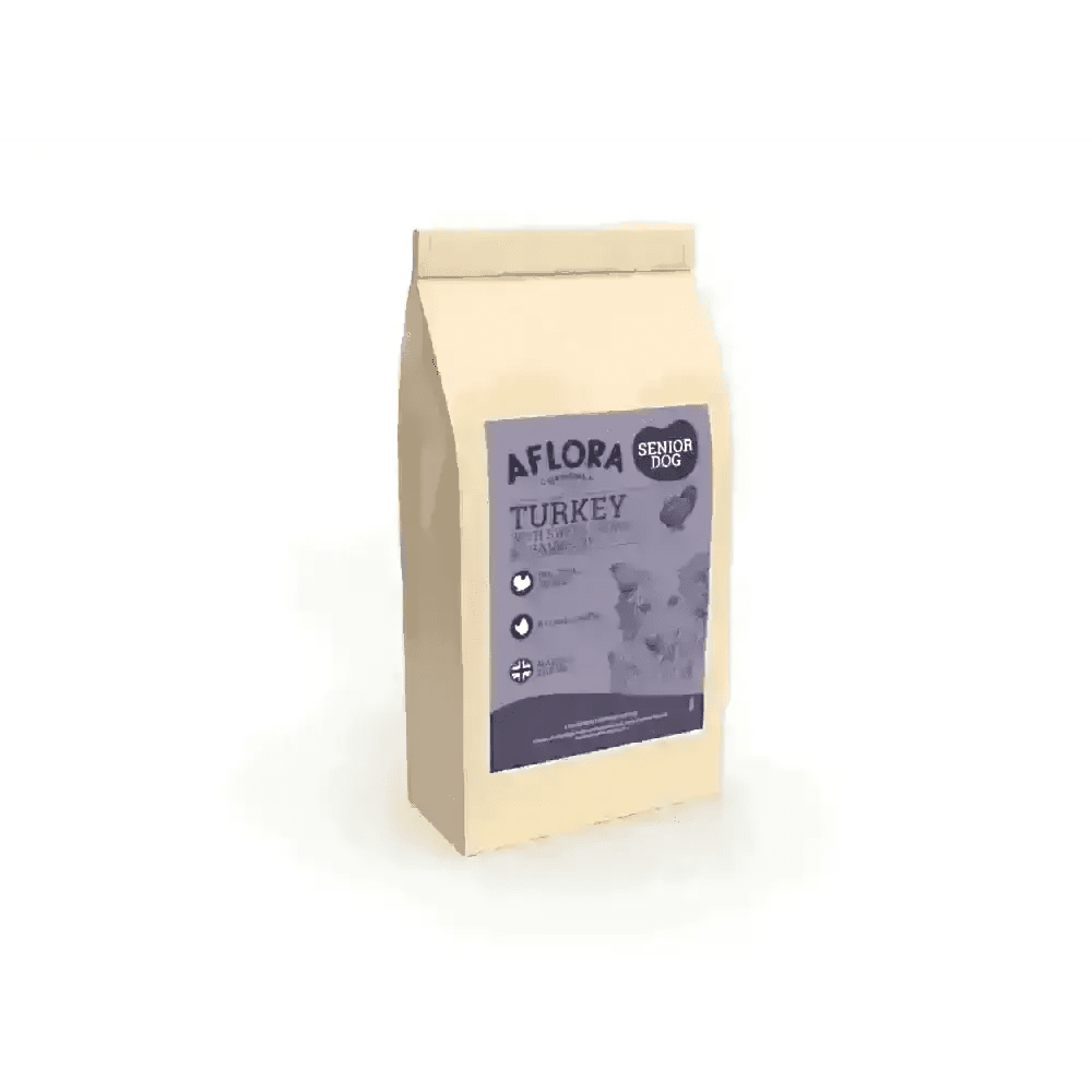 Aflora Senior Turkey Grain Free Dog Food bag with purple label and white text, featuring sweet potato for joint care
