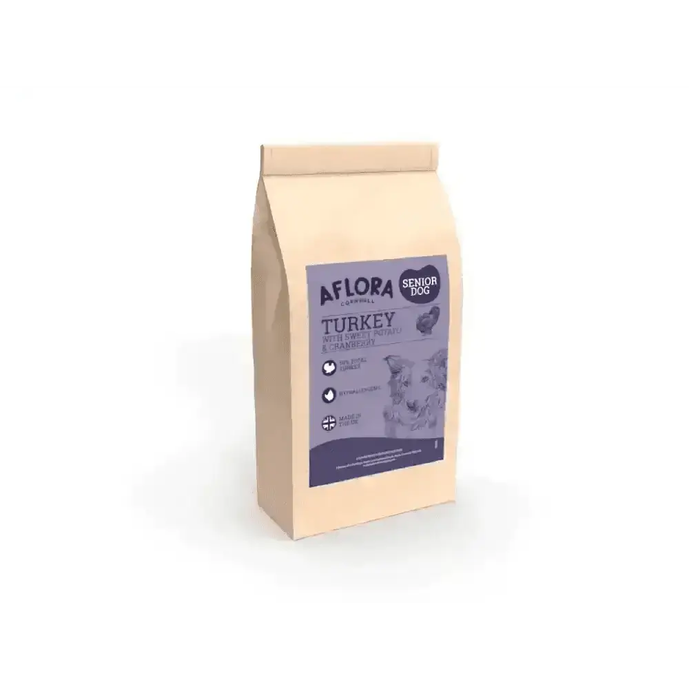 Aflora Senior Turkey Grain Free Dog Food bag with purple label and white text, featuring sweet potato for joint care
