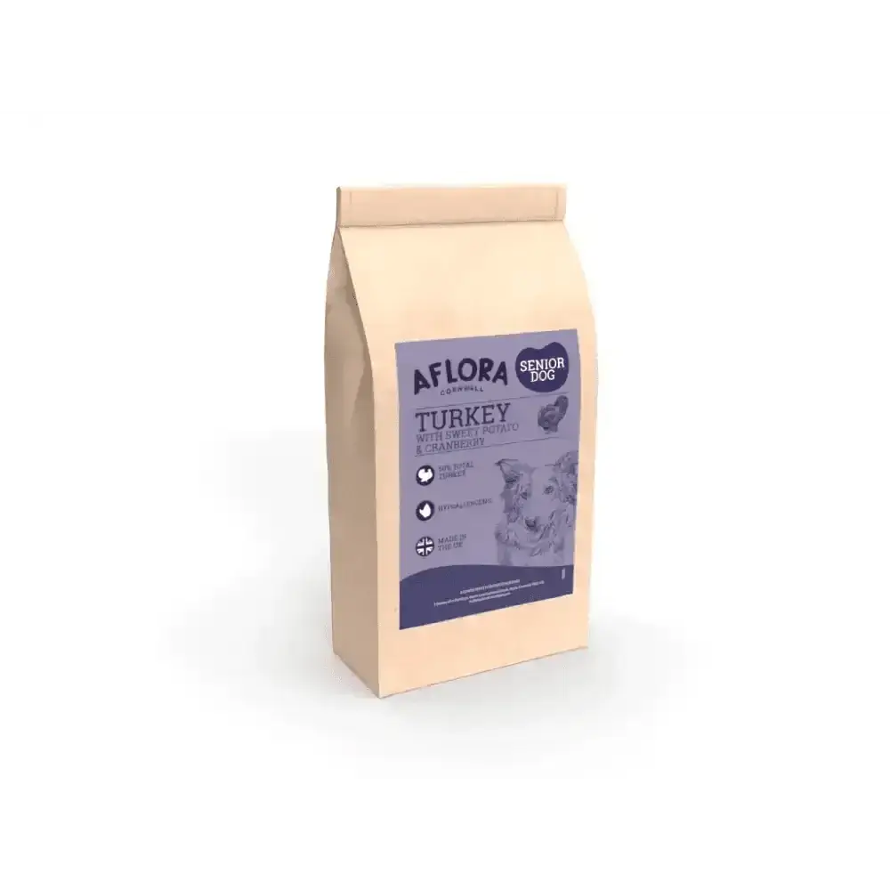 Aflora Senior Turkey Grain Free Dog Food bag with purple label and white text, featuring sweet potato for joint care