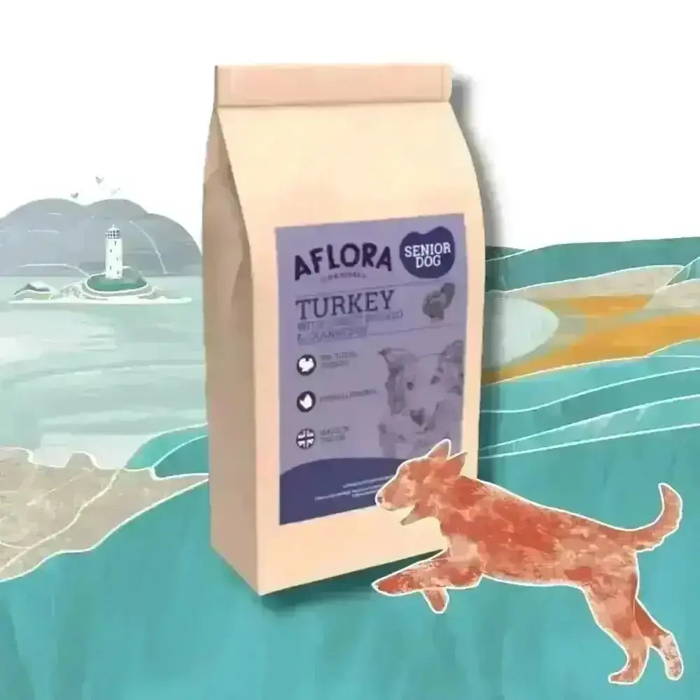 Aflora Senior Turkey Grain Free Dog Food bag with purple label and white text featuring sweet potato for joint care