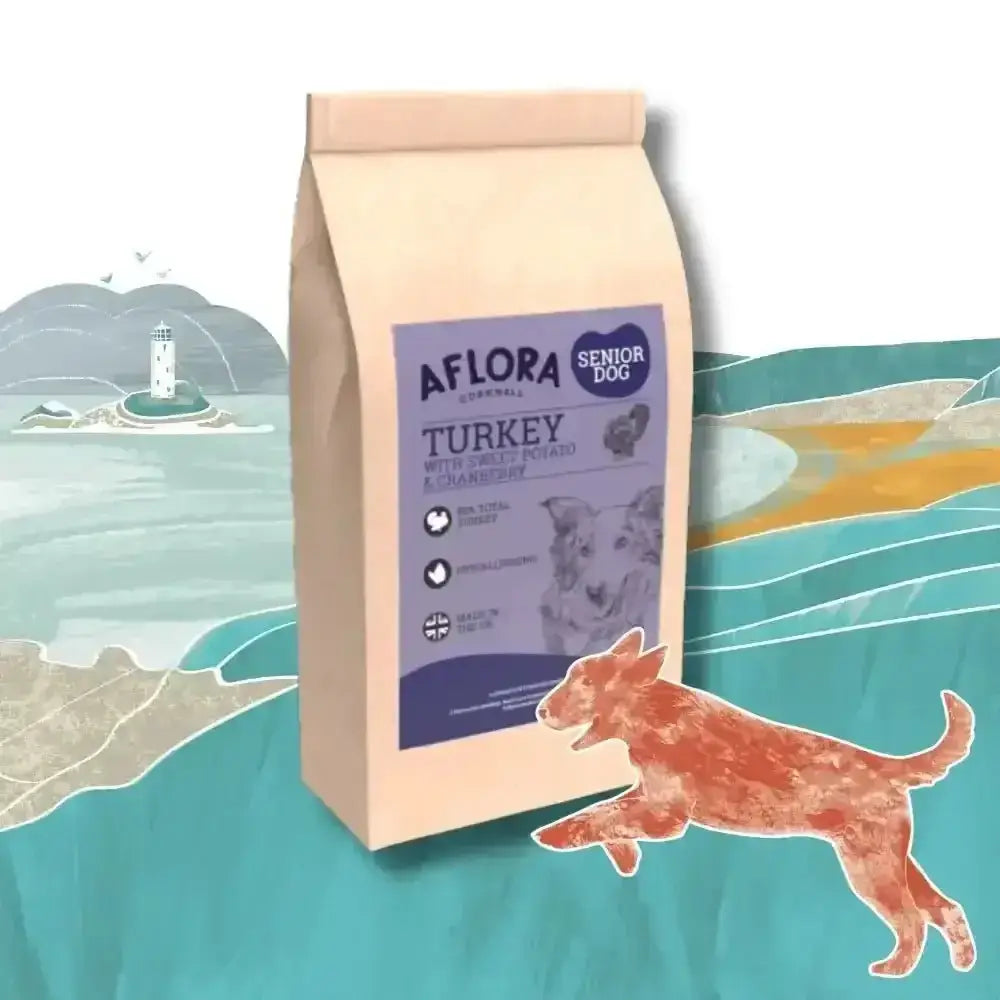Aflora Senior Turkey Grain Free Dog Food bag with purple label and white text featuring sweet potato for joint care