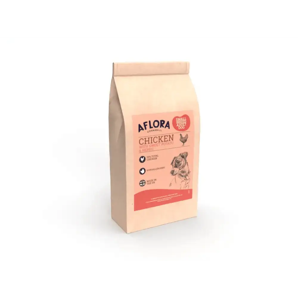 Pink and white Aflora grain free chicken food bag with floral design featuring sweet potato