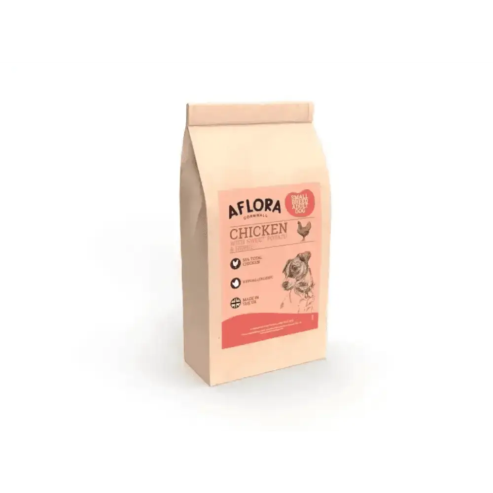 Pink and white Aflora grain free chicken food bag with floral design featuring sweet potato