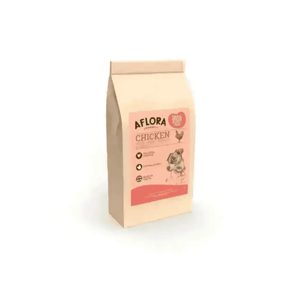 Pink and white Aflora grain free chicken food bag with floral design featuring sweet potato