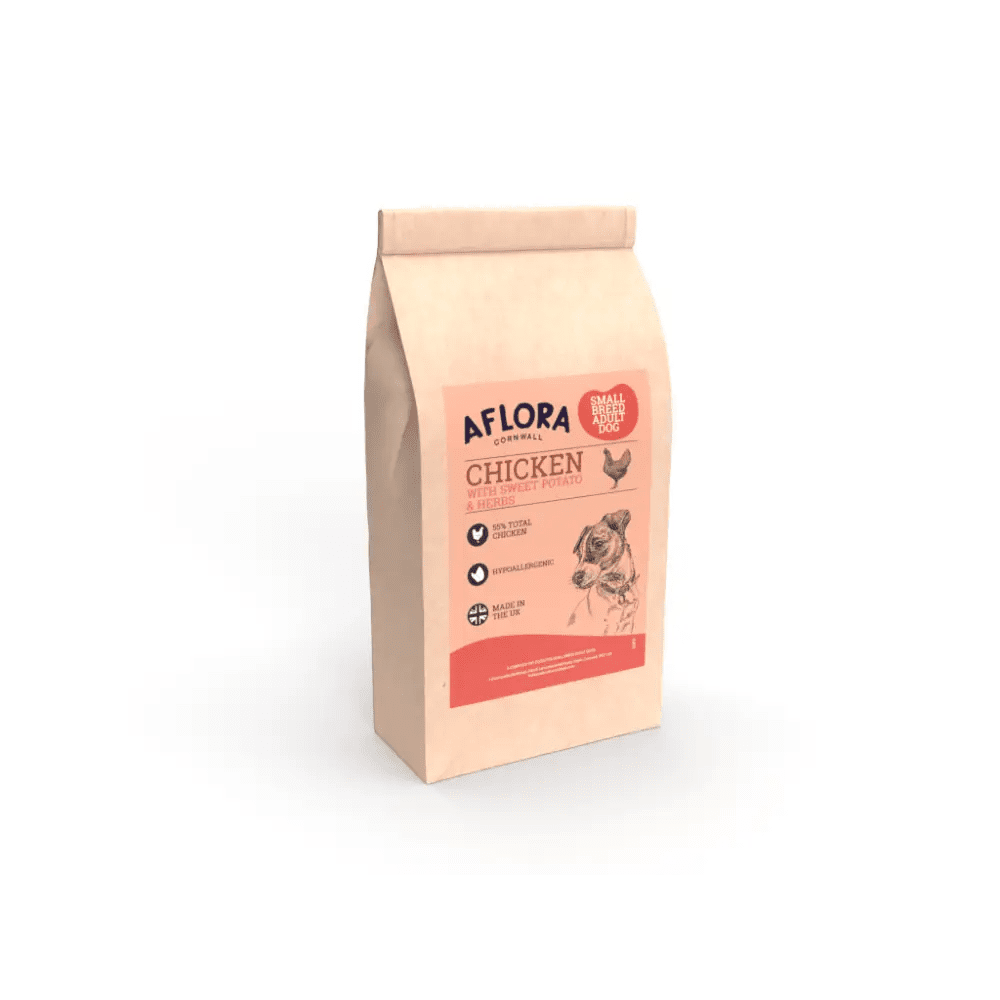 Pink and white Aflora grain free chicken food bag with floral design featuring sweet potato