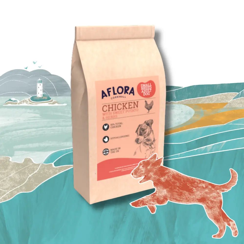 Aflora Small Breed Chicken with Sweet Potato 2kg grain free dog food bag featuring freshly prepared chicken