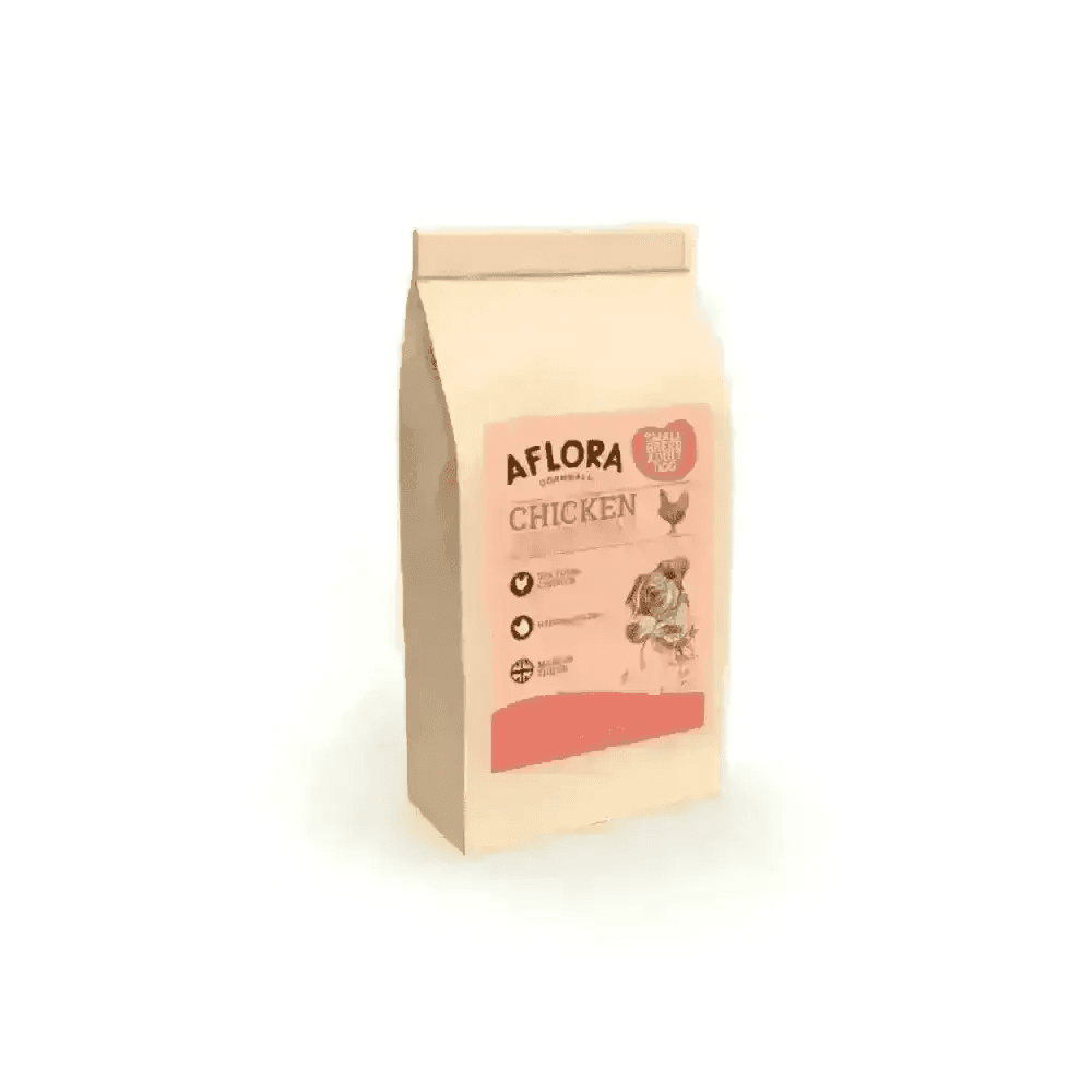 Pink and white Aflora grain free chicken food bag with floral design featuring sweet potato