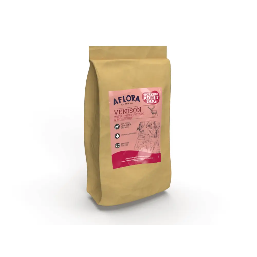 Aflora Venison and Salmon Grain Free Dog Food bag with pink label and light brown paper