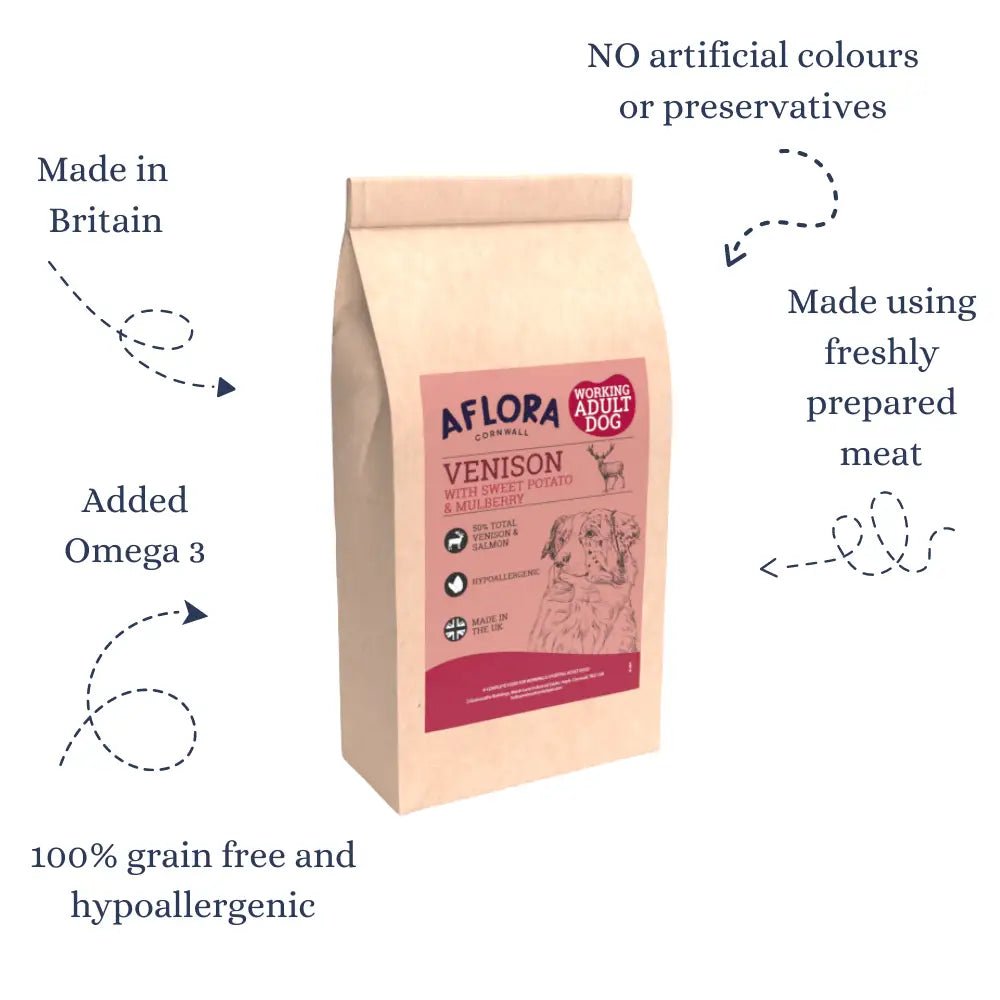 Aflora Venison and Salmon Grain Free Dog Food bag with deer illustration and pink-white packaging