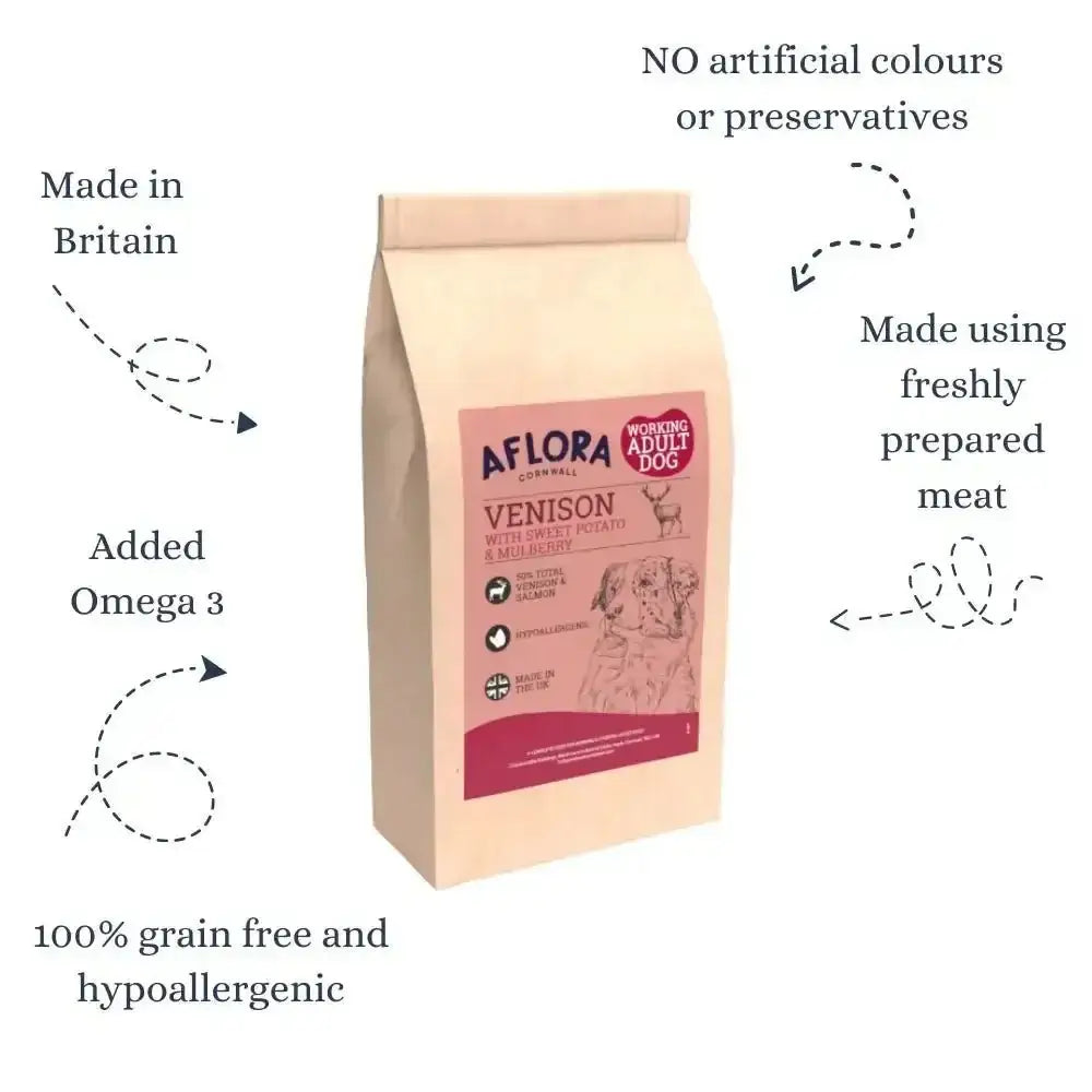 Aflora Venison and Salmon Grain Free Dog Food bag with deer illustration and pink-white packaging