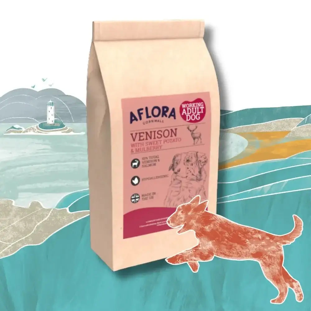 Aflora Venison and Salmon Grain Free Dog Food bag with pink and white label featuring deer imagery