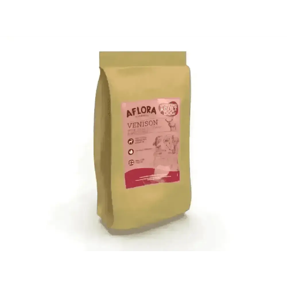 Aflora Venison and Salmon Grain Free Dog Food bag with pink label and light brown paper
