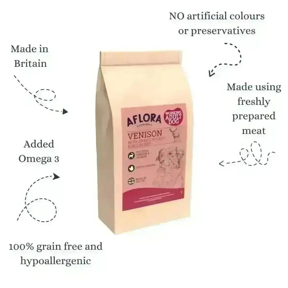 Aflora Venison and Salmon Grain Free Dog Food bag with deer illustration and pink-white packaging