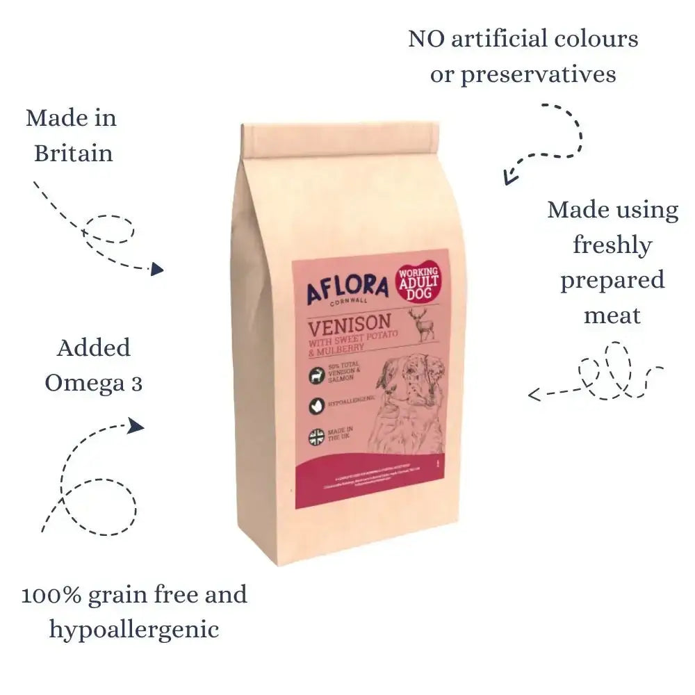 Aflora Venison and Salmon Grain Free Dog Food bag with deer illustration and pink-white packaging