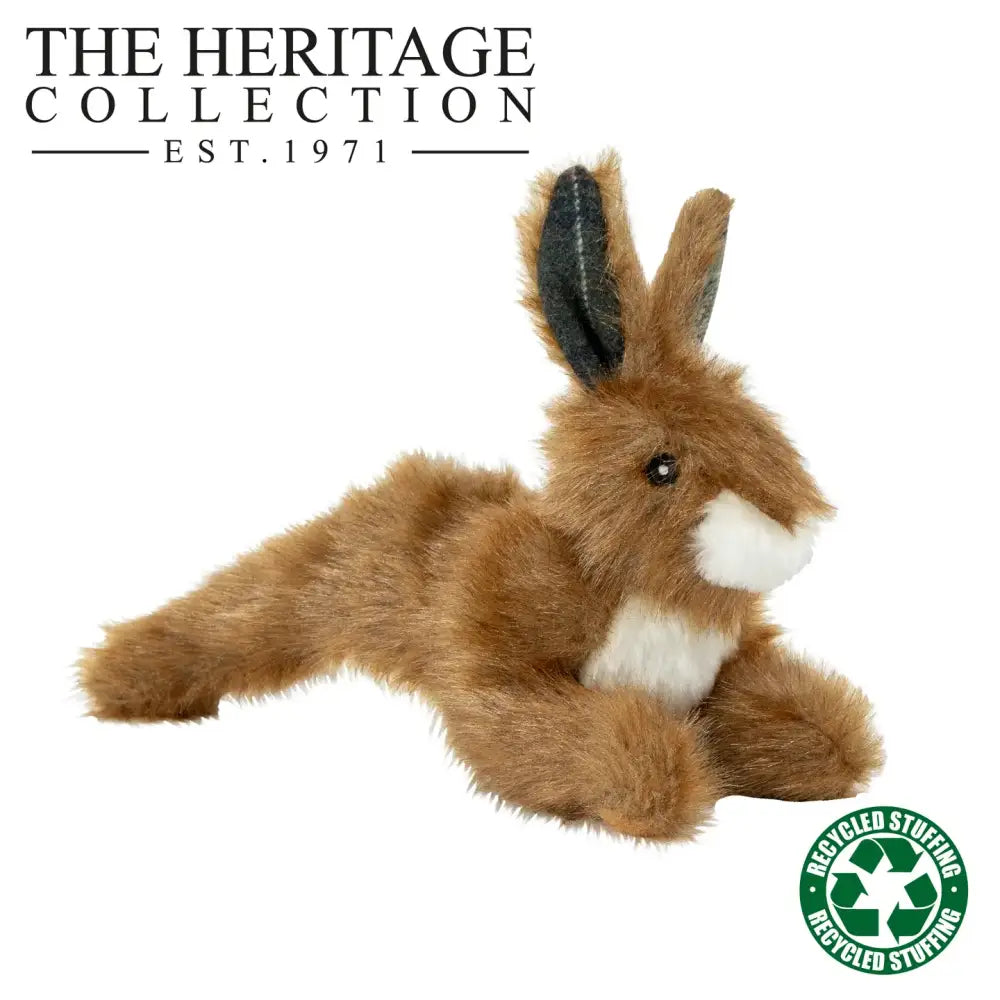 Plush toy rabbit with 'The Heritage Collection' logo and recycled stuffing label on a white background