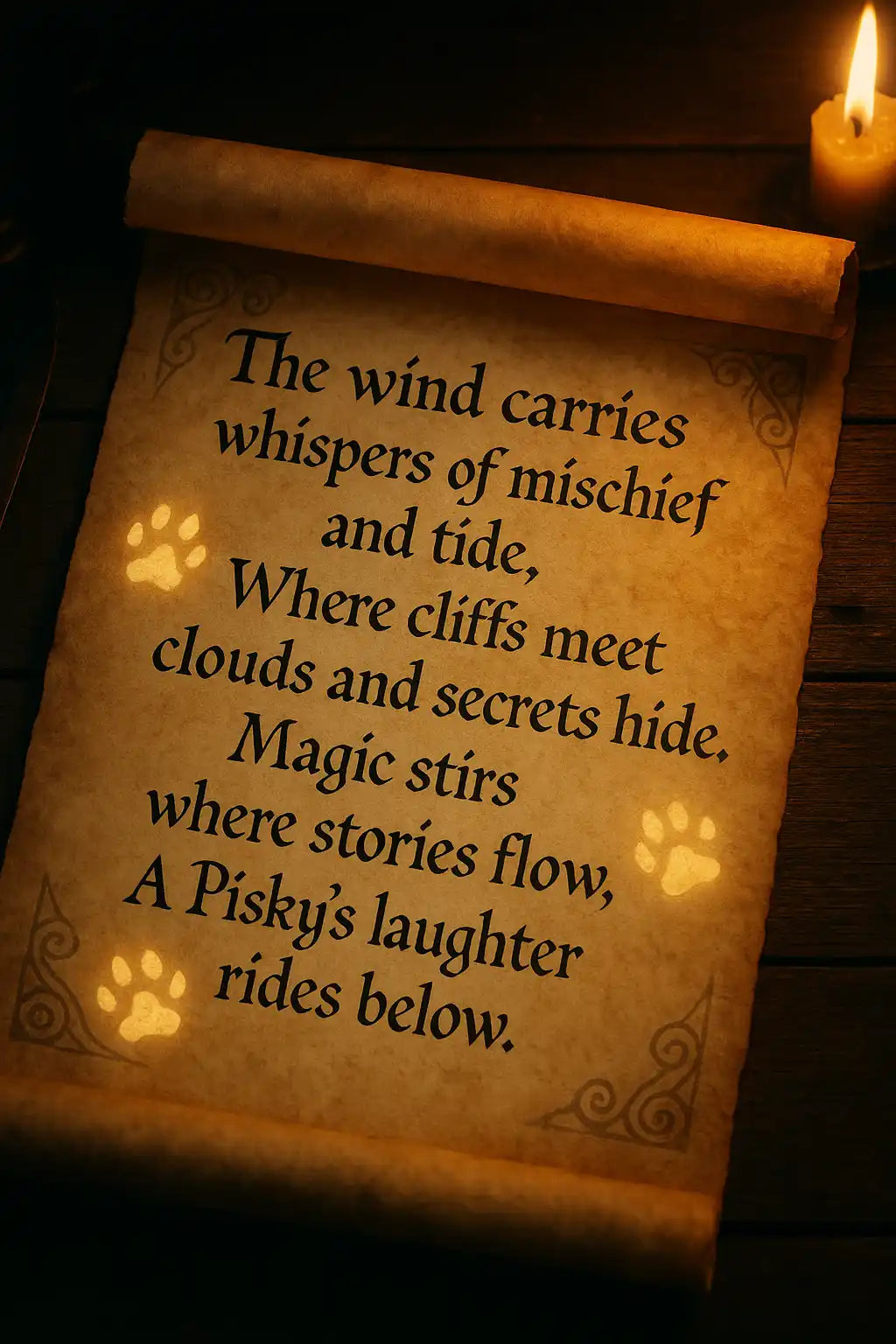 Antique parchment scroll with paw prints and a glowing edge.