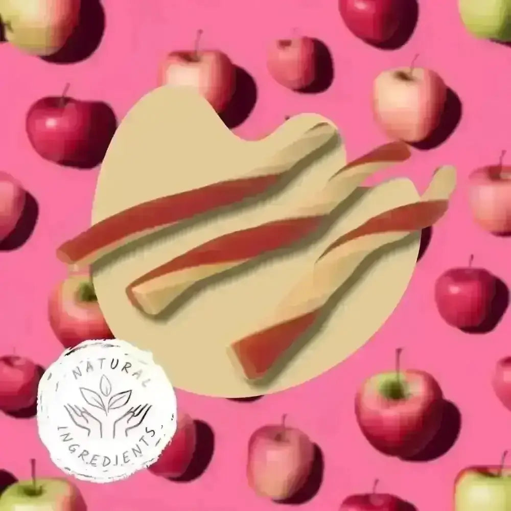 Apple fruit dental sticks: twisted beige-red candy on plate, x21