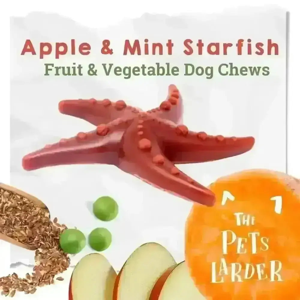 Red starfish-shaped dog chew toy with apple and mint flavor promotes fresh breath for pets larder