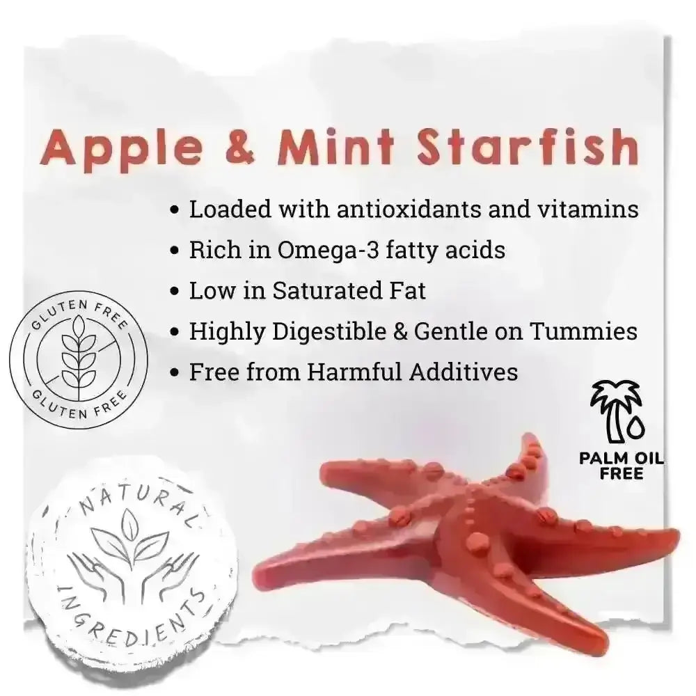 Red starfish-shaped snack with natural ingredients and gluten-free label from Pets Larder