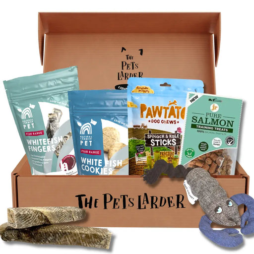 Dog treat and toy box from 'The Pets Larder' with various pet products.