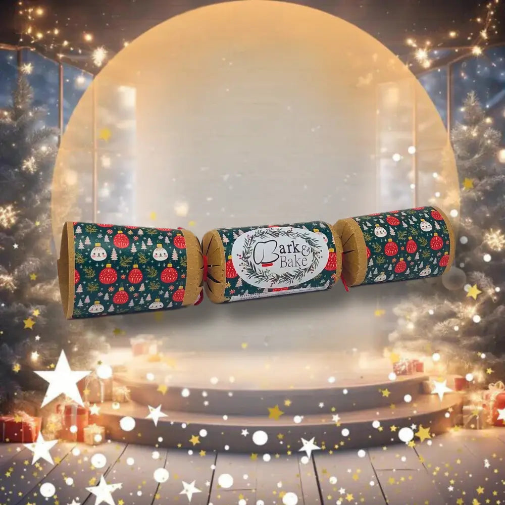 Bark & Bake Christmas Cracker for Dogs in festive red and green pattern