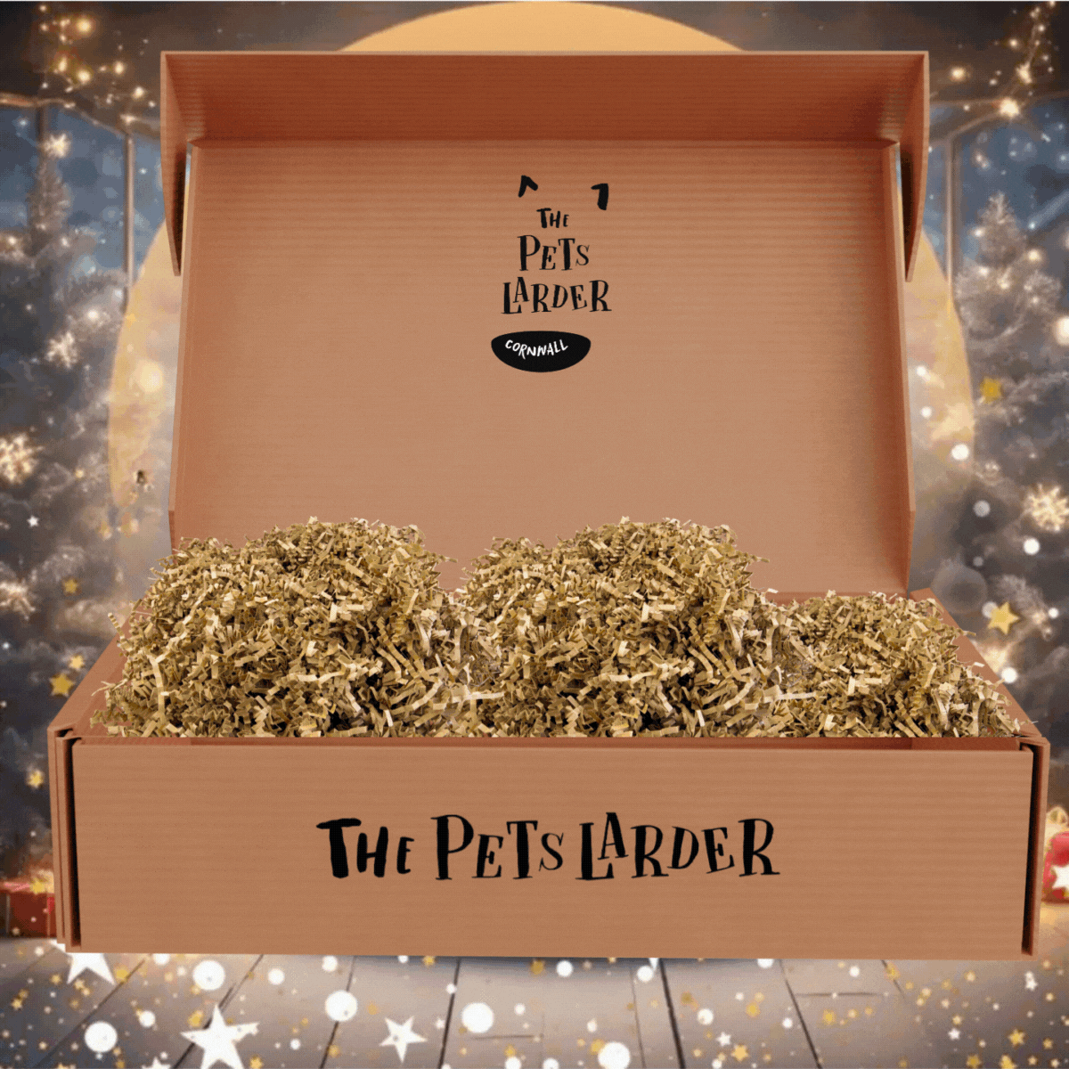 Beef Buffet Christmas dog treats hamper with Pets Larder box of shredded paper