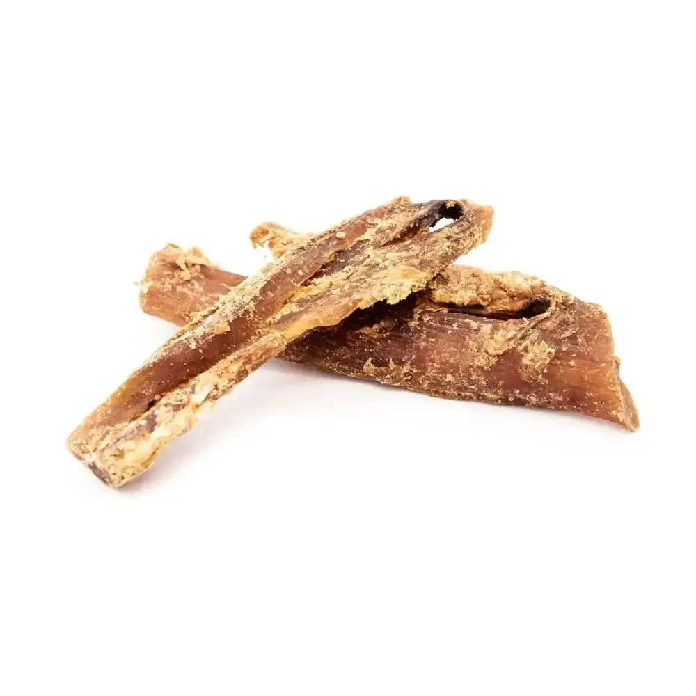 Crispy bacon strips resembling beef neck tendon for dogs with golden-brown hue