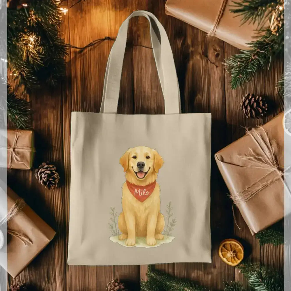 Beige canvas tote bag featuring a watercolor illustration of a golden retriever wearing a red bandana with the name ’milo’ embroidered in white.