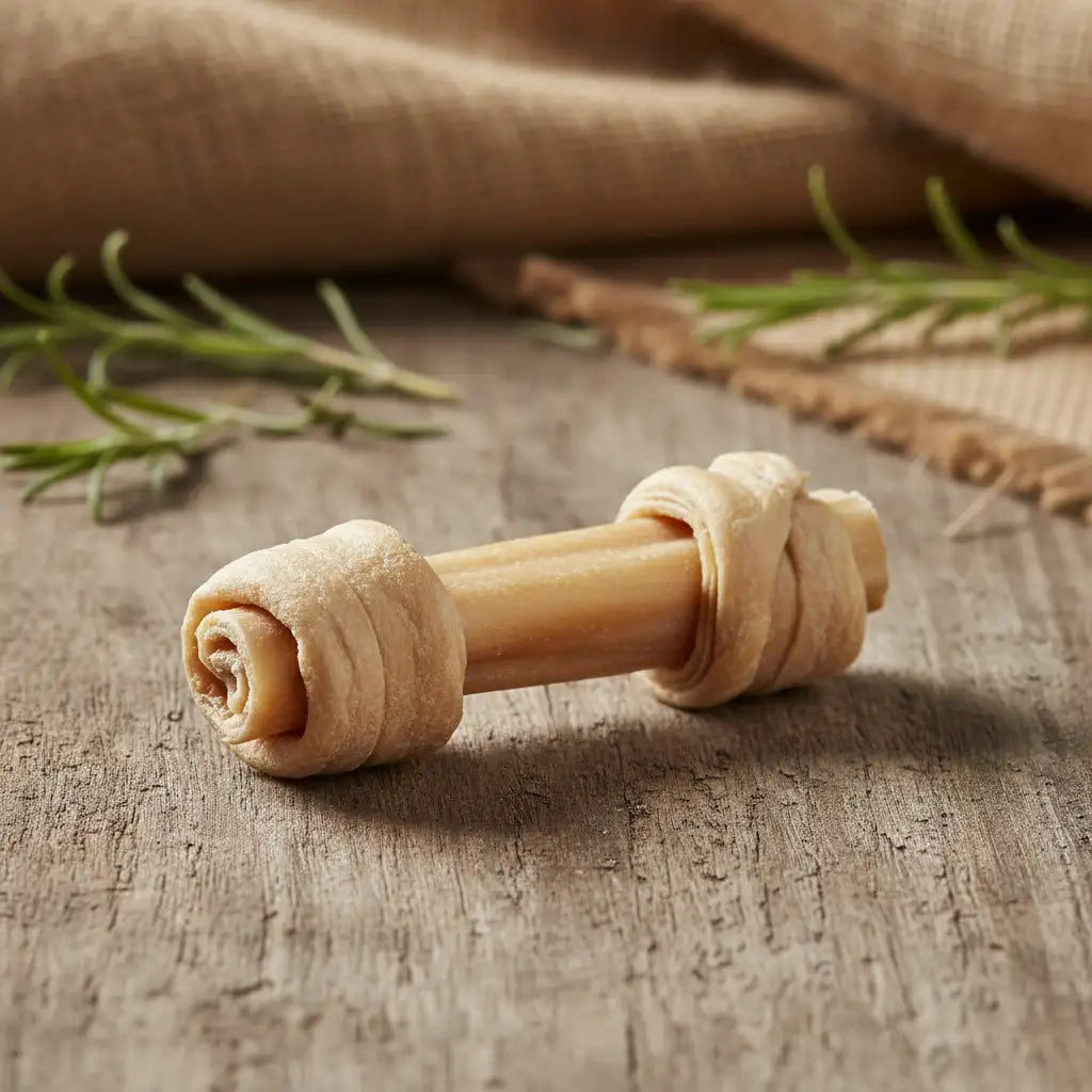 Beige, rope-like dog chew toy with twisted ends and a central stick.