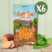 Vegan dog treat bag with Pawtato Spinach and Kale Sticks in orange packaging, 6-pack