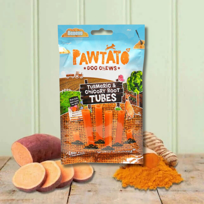 Benevo Pawtato Tubes with Turmeric & Chicory Root Vegan Dog Chew - Natural Dog Chew