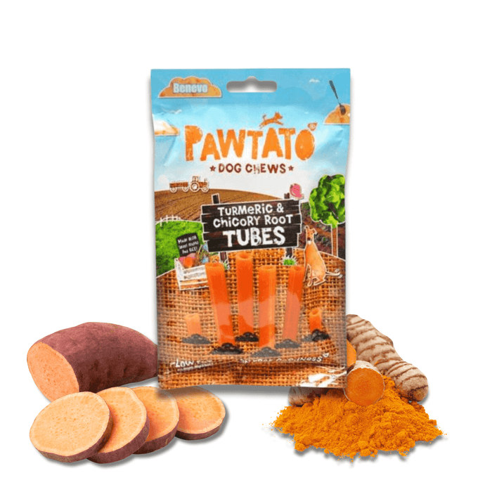 Benevo Pawtato Tubes with Turmeric & Chicory Root Vegan Dog Chew - Natural Dog Chew