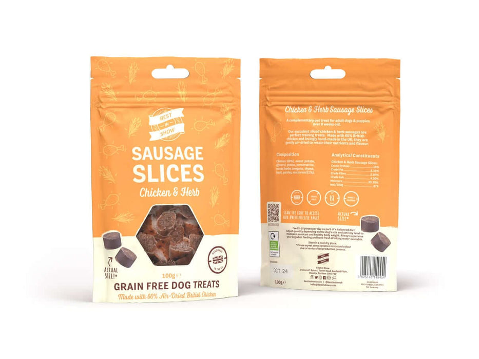 Best In Show Chicken & Herb Sausage Slices 100g Natural Dog Treats