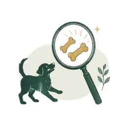 A black dog with a wagging tail stands beside a magnifying glass that reveals two golden-brown bone-shaped treats inside.