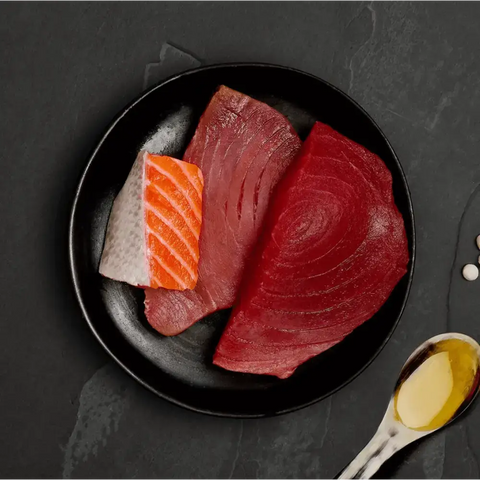 Salmon and tuna sashimi platter with soy sauce dip, ideal for highly nutritious cat food to accompany dry food