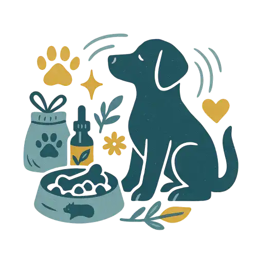 Illustration of a dog with a bowl of food, a jar of natural pet supplements from the natural pet shop