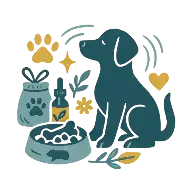 Blue dog plush toy with paw print design and flower accents.