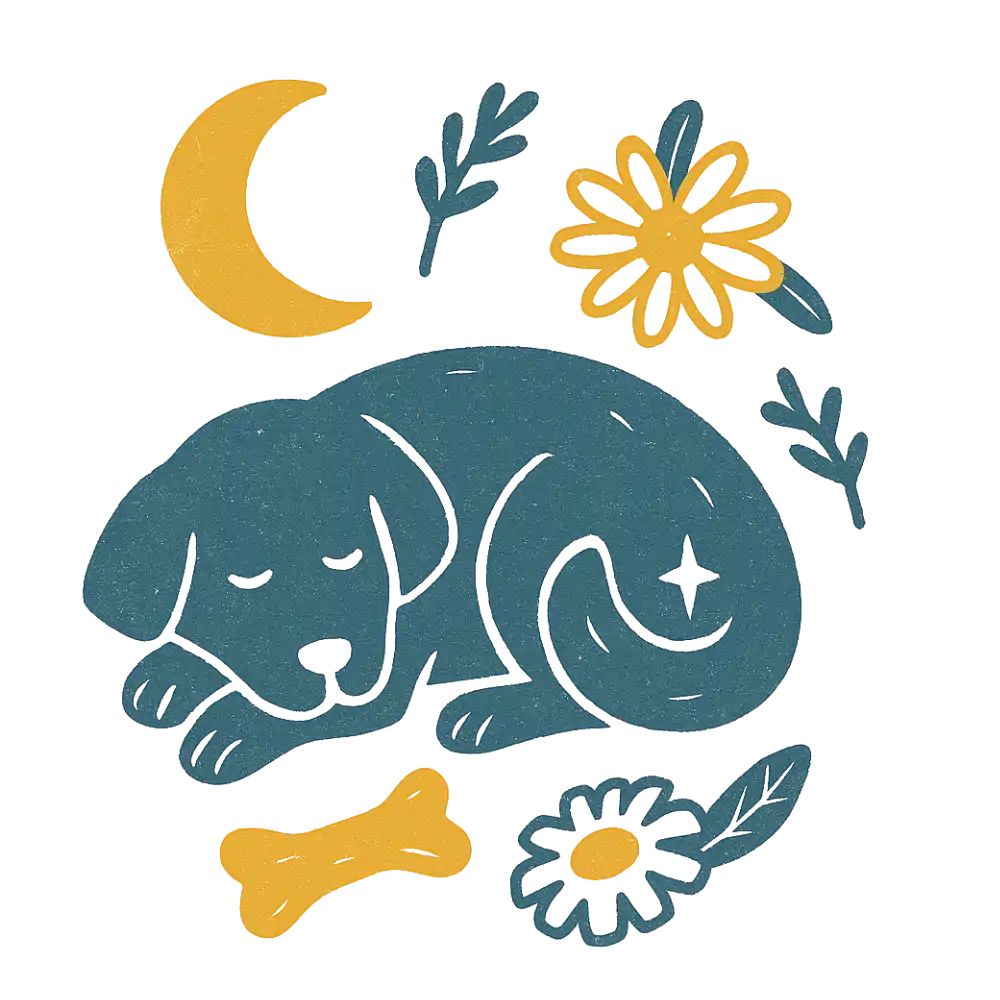 Blue sleeping dog sticker with yellow moon and flowers.