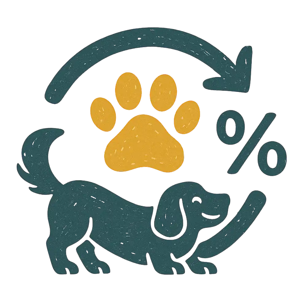 Blue speckled dachshund sticker with paw print and percentage symbol.