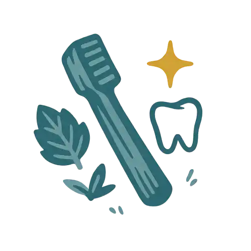 Illustration of a toothbrush with a tooth, leaves, and a star for the natural pet shop dental support for dogs