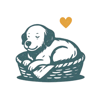 Blue wicker laundry basket with dog inside, heart emoji next to it.