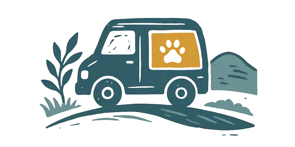 Blue and yellow van with paw print window sticker.
