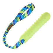 Neon green textured dog dummy with camouflage handle, ideal for durable dog play
