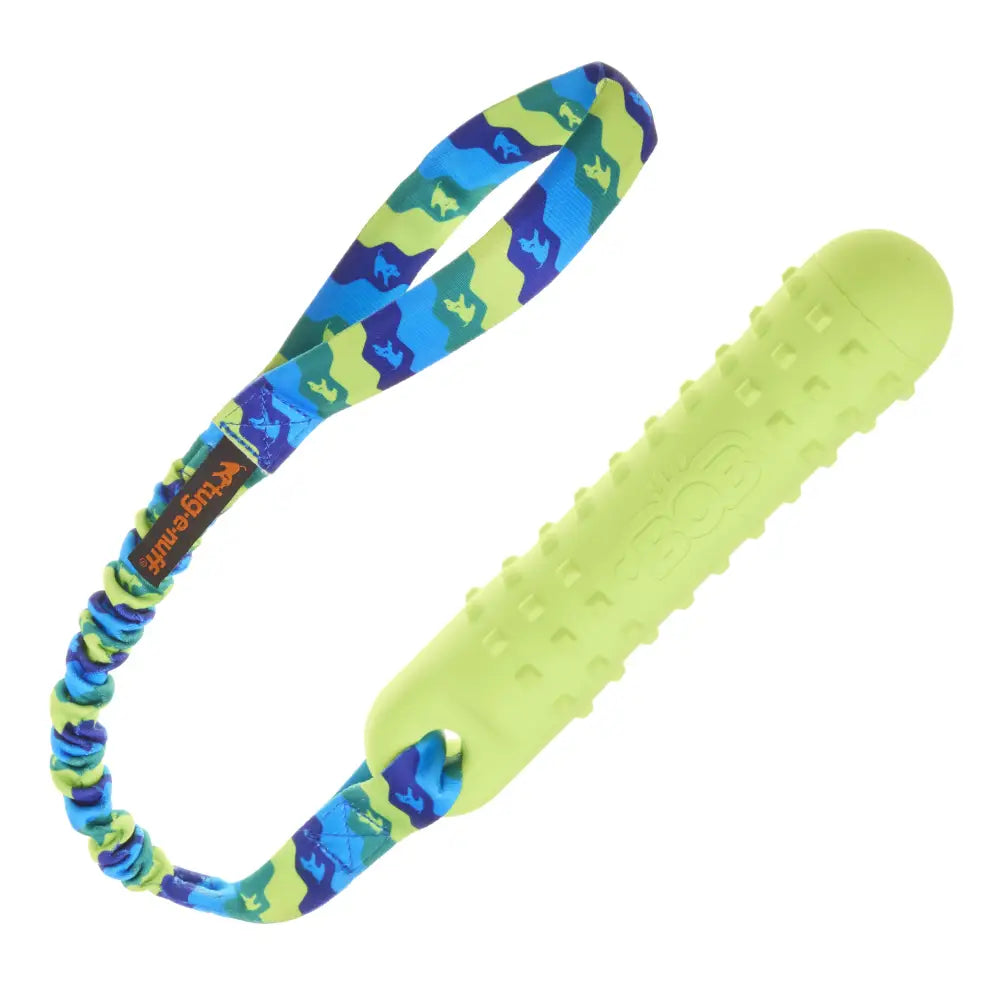 Neon green textured dog dummy with camouflage handle, ideal for durable dog play