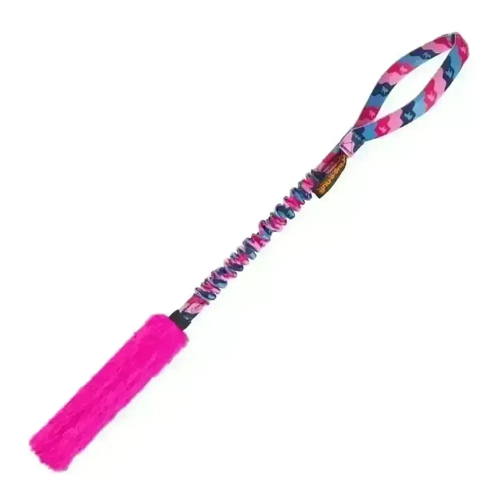 Pink fuzzy tassel on braided cord leash with colorful pattern for Bright Fauxtastic Tug